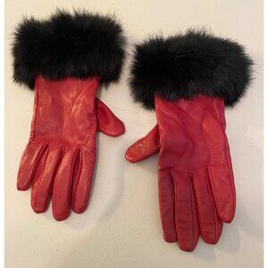 Red Leather Gloves With Black Fur Cuffs Medium